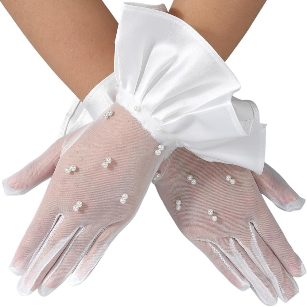 Women's Ruffle Embroidered White Short Lace Fabric Glove Cosplay Accessories